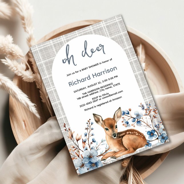 Floresta russa Oh deer belo convite para chás de f (Oh deer rustic blue florals with cute forest deer baby shower invitation, gender neutral, woodland )