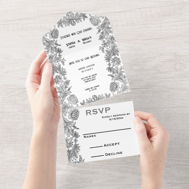 Florim gravado em um único Convite de casamento (Aba destacável)