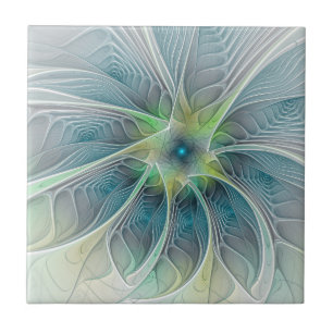 Flourando Fantasia Moderna Azul Flor Fractal Verde