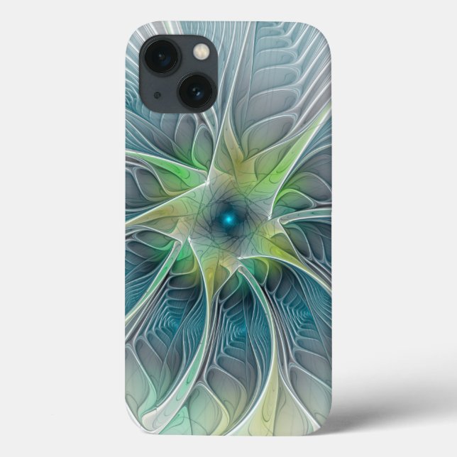 Flourando Fantasia Moderna Azul Flor Fractal Verde (Verso)