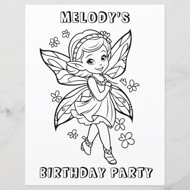 Flower fairy birthday party coloring activity  (Frente)