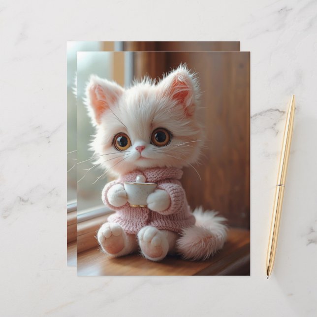 Fluffy White and Light Pink Cat Scrapbook Paper (Frente/Verso In Situ)