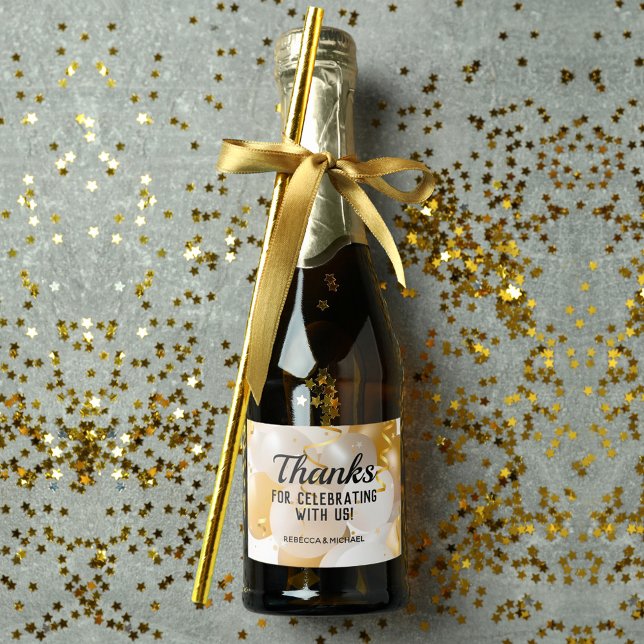 Fluxos de Balões Dourados e Brancos Mini (Thank you gold white balloons on mini sparkling wine labels personalized for your occasion)
