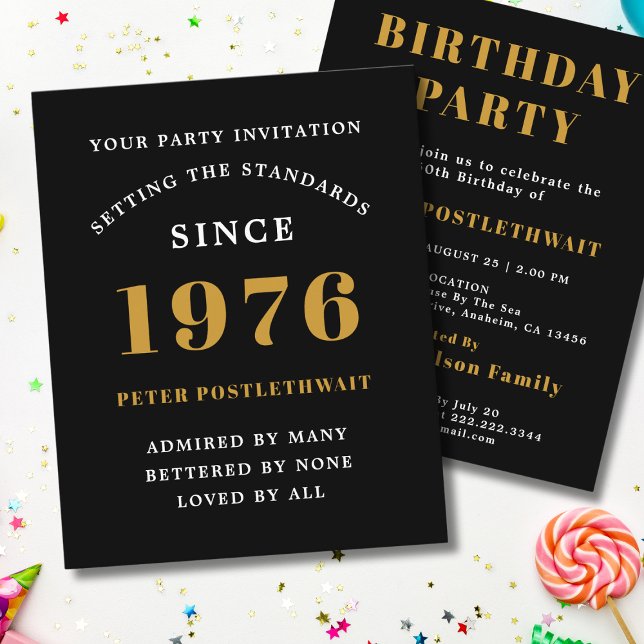 Flyer 1976 Budget 50th Birthday Invitation Black Gold (1976 birthday budget invitation. White background.)