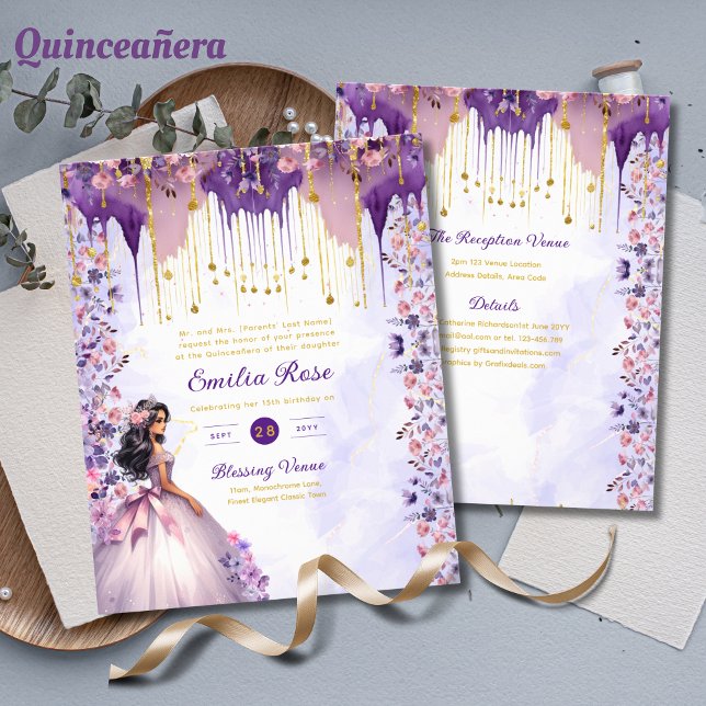 Flyer 25 Espargo Dourado Roxo Quinceanera Vestido Floral (Criador carregado)