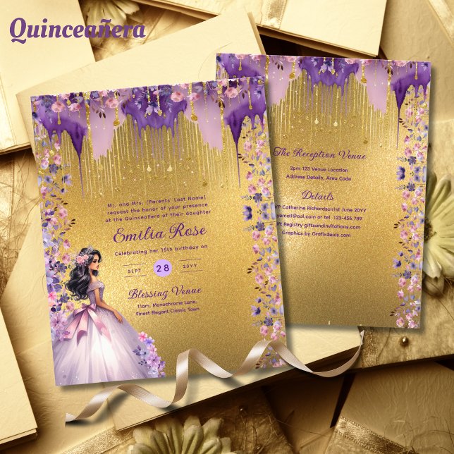 Flyer 25 Espargo Dourado Roxo Quinceanera Vestido Floral (Criador carregado)