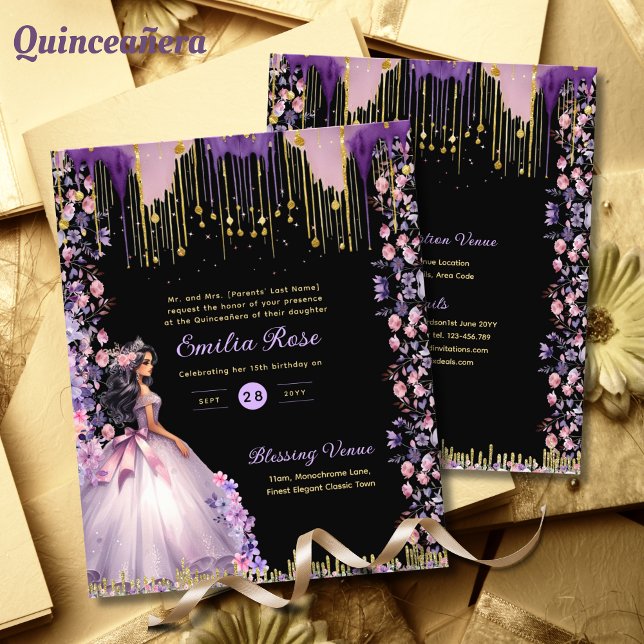 Flyer 25 Espargo Dourado Roxo Quinceanera Vestido Floral (Criador carregado)