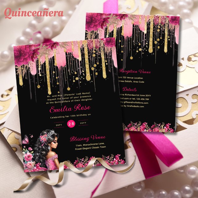Flyer 25 PINK Dourado Sparkles Quinceanera Vestido Flora (Criador carregado)