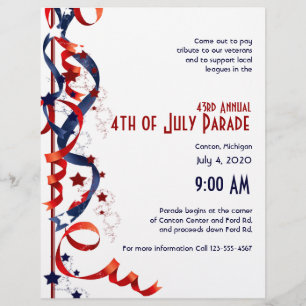 Flyer 4 de julho Red White e Blue Ribbons and Stars