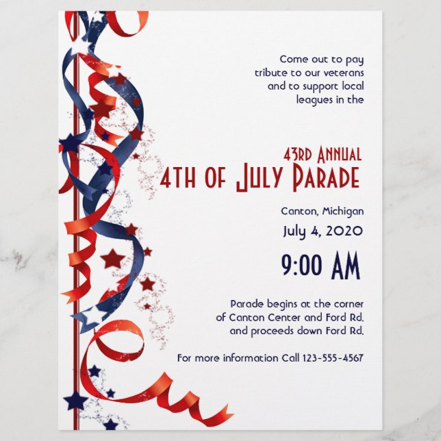 Flyer 4 de julho Red White e Blue Ribbons and Stars (Frente)