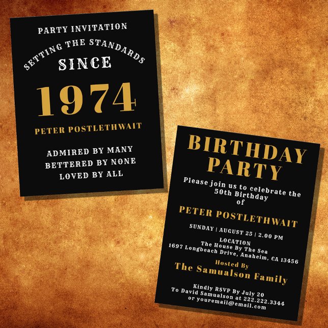 Flyer 50º aniversário de 1974 Dourado negro personalizad (Elegant Black and Gold 50th Birthday Invitation - Create Your Own Personalized Design.)