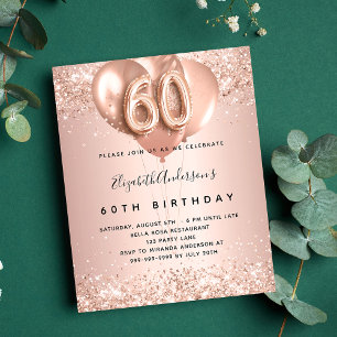 Flyer 60º aniversário rosa de balões de ouro convite orç