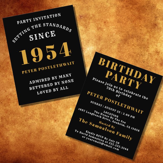 Flyer 70 Aniversário De 1954 Negro Dourado Personalizado (Elegant Black and Gold 70th Birthday Invitation - Create Your Own Personalized Design.)