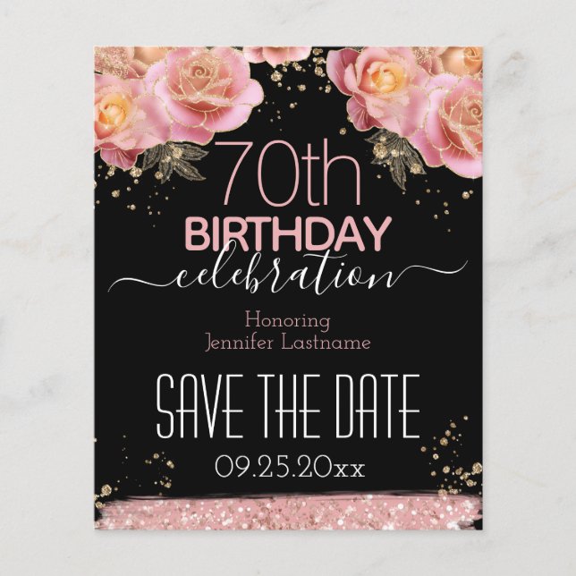 Flyer 70 Birthday Pink Glitter Floral (Frente)