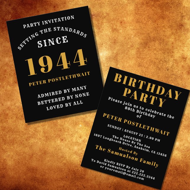Flyer 80 Aniversário De 1944 Negro Dourado Personalizado (Elegant Black and Gold 80th Birthday Invitation - Create Your Own Personalized Design. )