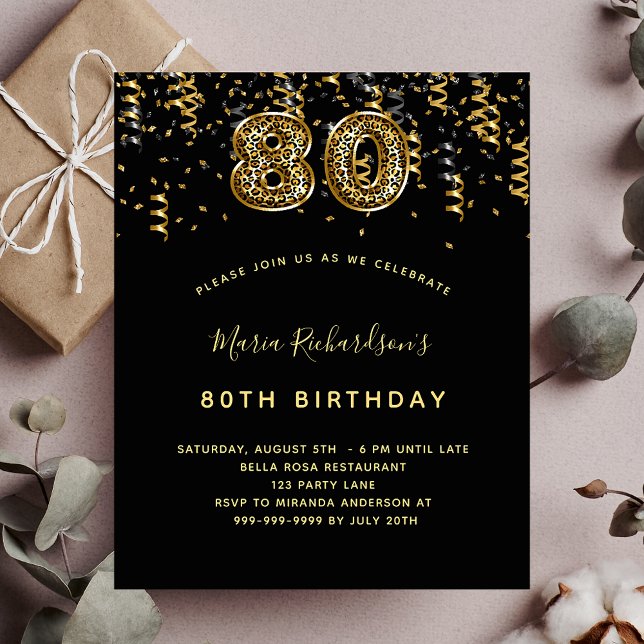 Flyer 80th birthday black gold leopard budget invitation (Criador carregado)