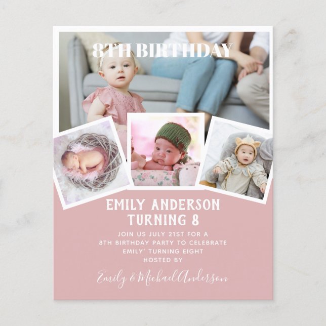 Flyer 8.º Aniversário Colagem de Fotos Convidam Menina M (Frente)