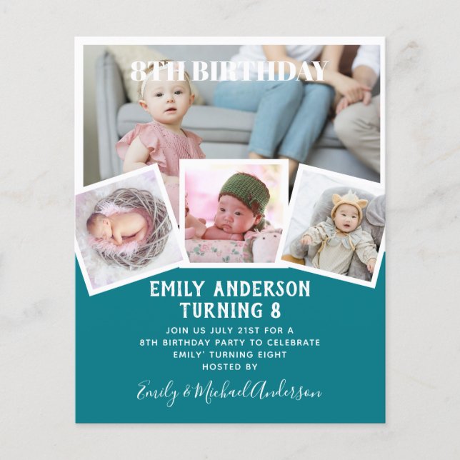 Flyer 8.º Aniversário Colagem de Fotos Convidam Menina M (Frente)