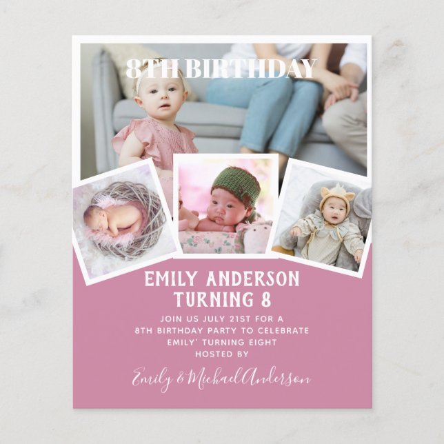 Flyer 8.º Aniversário Colagem de Fotos Convidam Menina M (Frente)