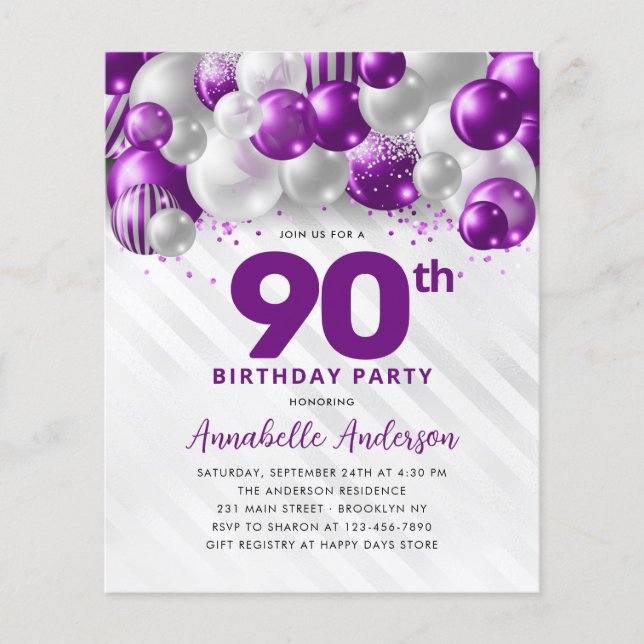 Flyer 90 de Aniversário do Balão de Prata Roxo Barato (Frente)
