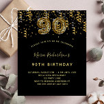 Flyer 90th birthday black gold leopard budget invitation<br><div class="desc">Please note that this invitation is on flyer paper and very thin. Envelopes are not included. For thicker invitations (same design) please visit our store. A modern, stylish and glamorous invitation for a 90th birthday party. A black background, decorated with confetti. The name is written with a modern hand lettered...</div>