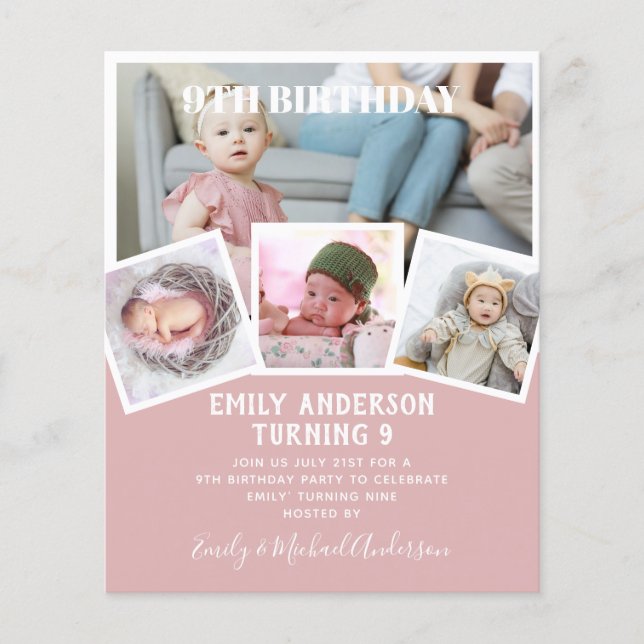 Flyer 9.º Aniversário Colagem de Fotos Convidam Menina M (Frente)