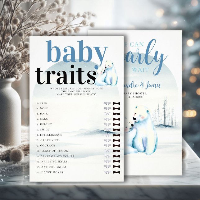 Flyer Adivinha Bebê Apresenta Chá Jogo Polar Bear Cub Mã (winter boy baby shower bearly wait polar bear mama cub watercolor guess baby traits game)