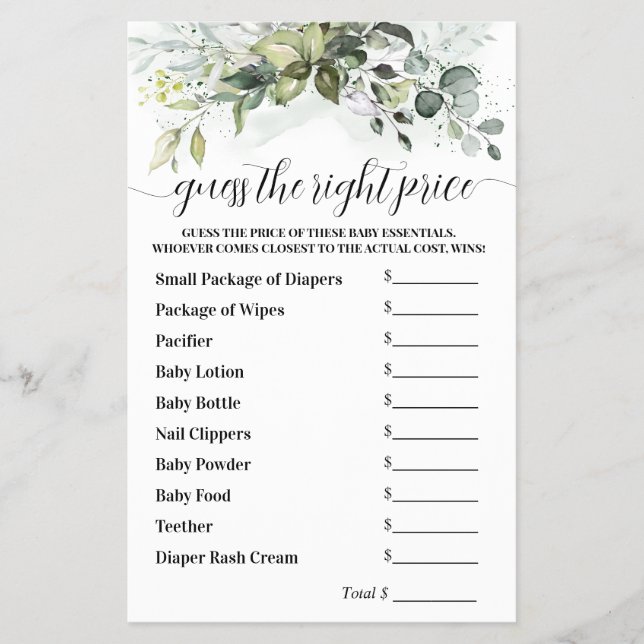 Flyer Adivinha o jogo do Chá de fraldas Verde Preço Cert (Frente)