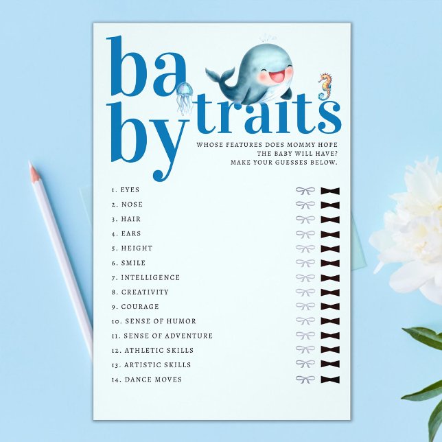 Flyer Adivinhem Bebê Apresenta Jogo do Chá Baleia Azul E (baby traits boy shower game under the sea cute whale jellyfish seahorse blue watercolor whimsical)