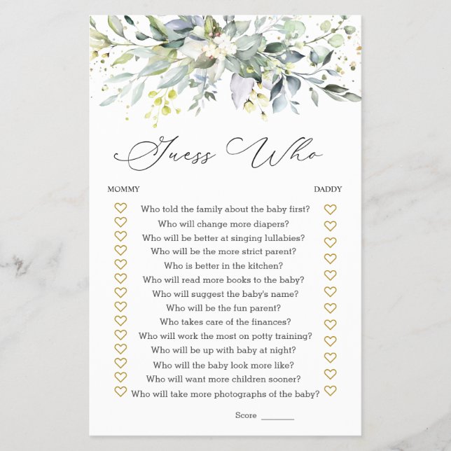 Flyer Adivinhem quem Mamãe ou jogo de Chá de fraldas Pai (Frente)