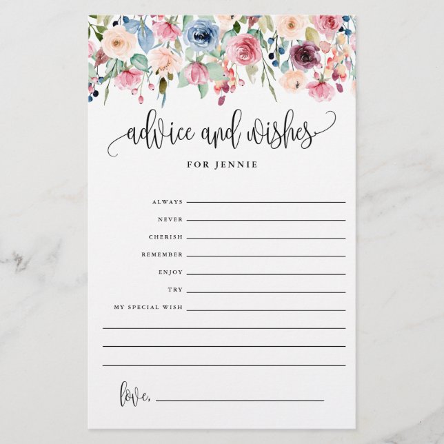Flyer Advice and Wishes, Floral Bridal Advice Paper Card (Frente)