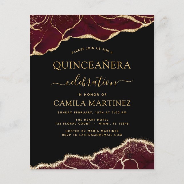 Flyer Agato de Orçamento Burgundy Quinceañera Dourada 15 (Frente)