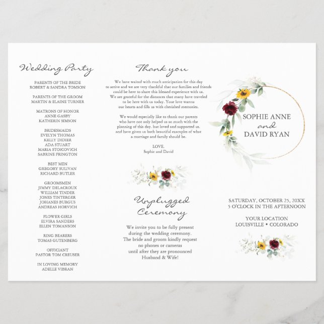 Flyer Airy Greenery Sunflower Burgundy Casamento outono (Frente)