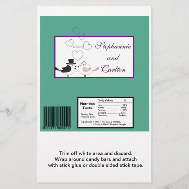 Flyer Amar Pássaros Teal/Purple Weding Candy Wrapper (Frente)