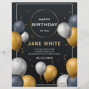 Flyer Aniversário Adulto Balão Preto e Dourado Editável 