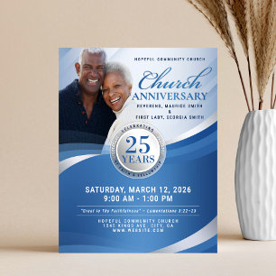 Flyer Aniversário da Igreja Azul e Prata Elegante
