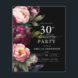 Flyer Aniversário de 30 anos de Orçamento Convite Floral<br><div class="desc">Celebre o seu marco com um moderno convite de aniversário de 30 anos moderno, com flores ricas de burgundy e blush. Este elegante design combina tons profundos e dramáticos com sotaques românticos e suaves, perfeitos para estabelecer uma sofisticada e convidativa atmosfera. O arranjo floral impressionante adiciona um toque de luxo,...</div>