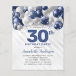 Flyer Aniversário de 30 anos do balão de prata azul bara<br><div class="desc">Marinho Glam Moderno Balão Azul Prata Brilhante Brilhante Qualquer Convite De Aniversário De Idade</div>