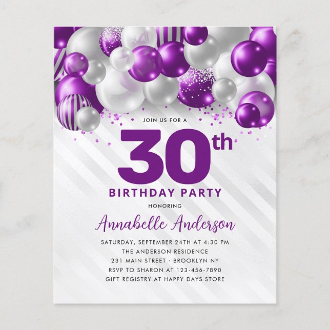 Flyer Aniversário de 30 anos do balão de prata roxo bara (Frente)