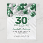 Flyer Aniversário de 30 anos do balão verde-prateado bar<br><div class="desc">Glam Moderno Emerald Green Silver Balão Glitter Desperta Qualquer Convite De Aniversário De Idade</div>