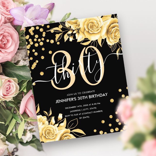 Flyer Aniversário de 30 anos Floral Dourado Preto (Budget Black Gold Floral Glitter 30th Birthday Flyer)