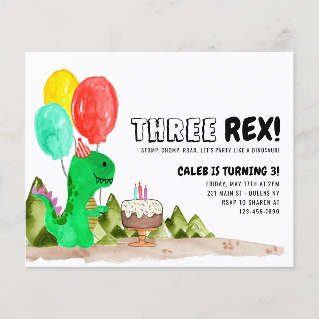 Flyer Aniversário de 3 anos de Dinossauro de Bolo Rex Fr (Frente)