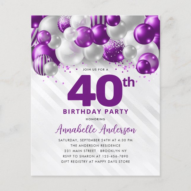 Flyer Aniversário de 40 anos do balão de prata roxo bara (Frente)