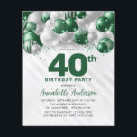 Flyer Aniversário de 40 anos do balão verde-prateado bar<br><div class="desc">Glam Moderno Emerald Green Silver Balão Glitter Desperta Qualquer Convite De Aniversário De Idade</div>