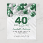 Flyer Aniversário de 40 anos do balão verde-prateado bar<br><div class="desc">Glam Moderno Emerald Green Silver Balão Glitter Desperta Qualquer Convite De Aniversário De Idade</div>