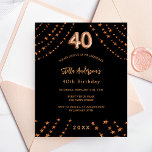 Flyer aniversário de 40 anos negro rosa de ouro convite<br><div class="desc">Por favor, note que este convite está no papel de folheto e é muito fino. Os envelopes não estão incluídos. Para convites mais espessos (mesmo design) visite nossa loja. Para uma aniversário de 40 anos elegante. Um fundo negro. Decorado com estrelas rosa douradas. Personalize e adicione um nome, detalhes da...</div>