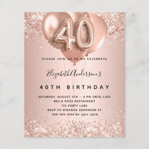 Flyer aniversário de 40 anos rosa de balões de ouro conv