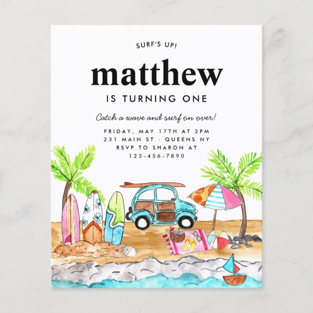 Flyer Aniversário de surfe na praia do Conselho barato (Frente)