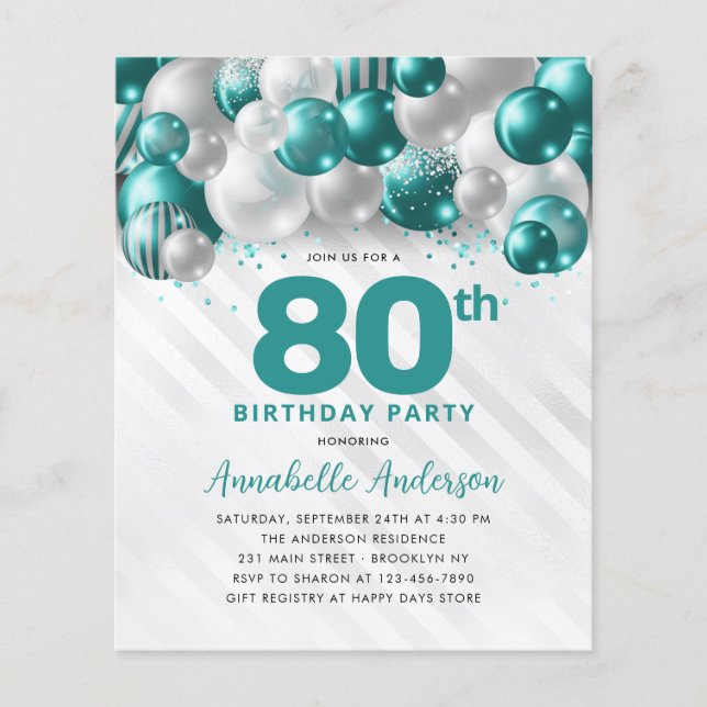 Flyer Aniversário do 80 de Lata de Prata Teal Barata (Frente)