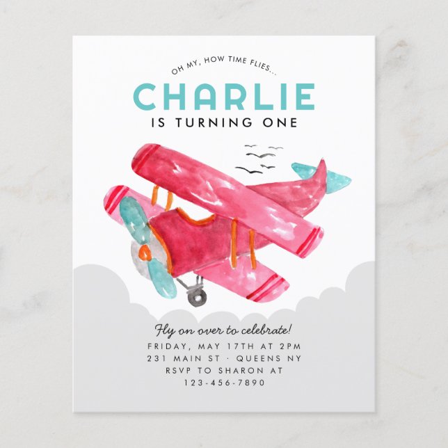 Flyer Aniversário do Avião Vermelho com Aquarela Célula  (Frente)